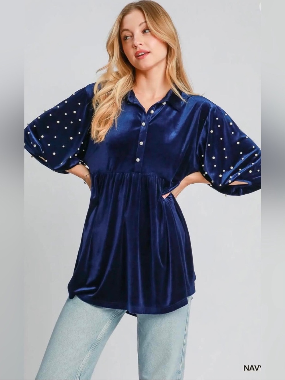 Umgee Navy Velvet Tunic with Pearl-Studded Puff Sleeves